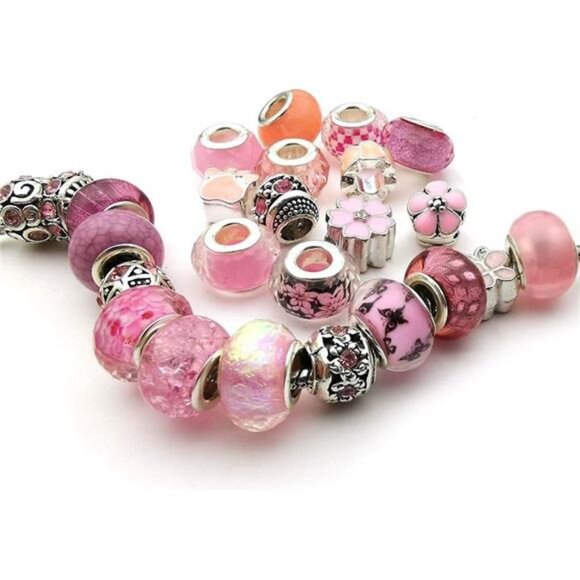 50pcs Pink European Large Hole Beads Resin Rhinestone Metal Spacer Charms DIY Je - Picture 4 of 7